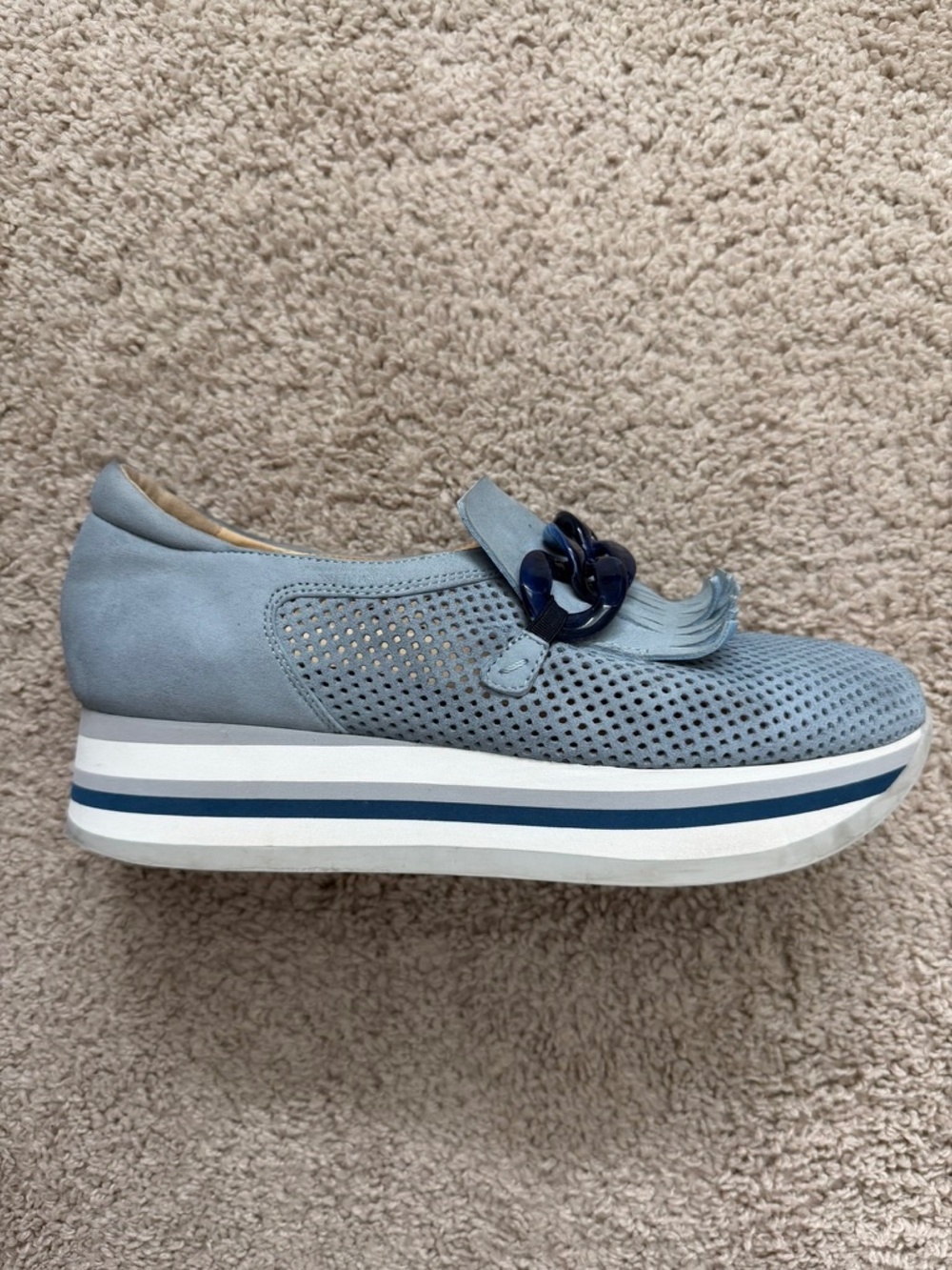SOFTWAVES Perforated Fringe Platform Loafers Blue Size 39.5 US 9